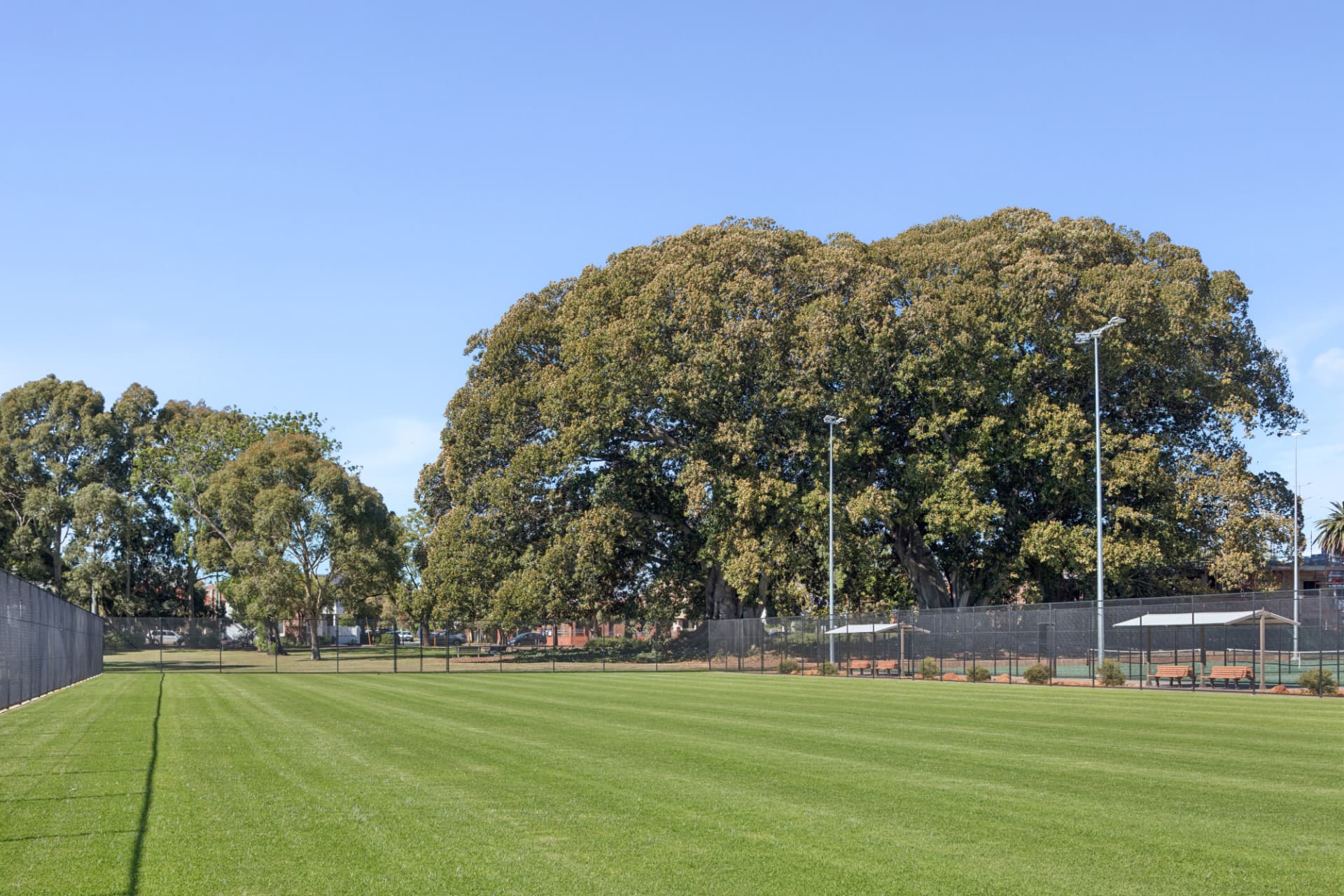 The clubhouse and covered seating beside the courts