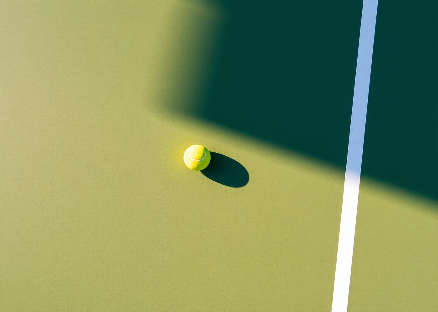 Tennis ball on a green acrylic court beside a crisp white line