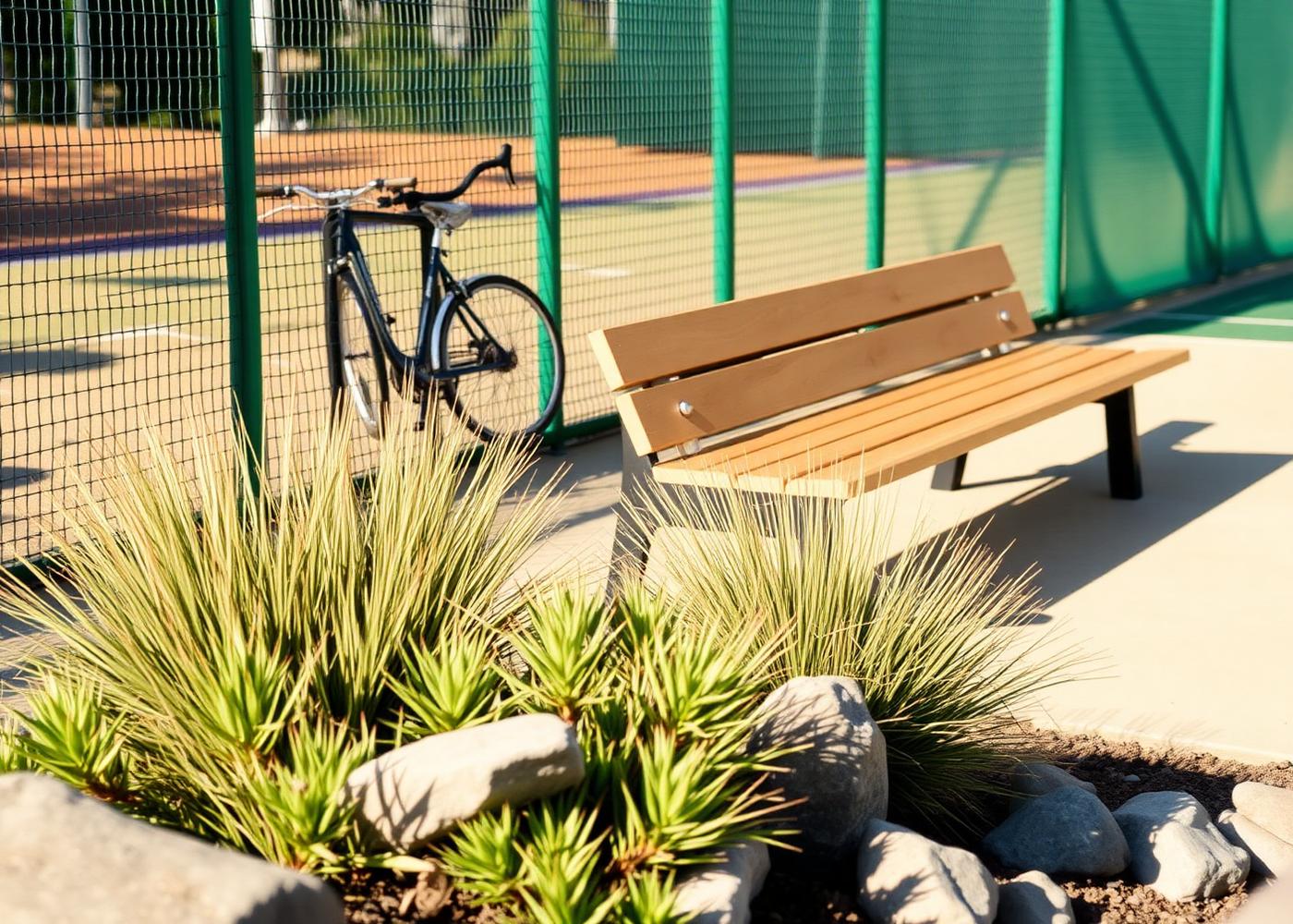 Timber bench and bike rack beside a multi-sport court with native planting